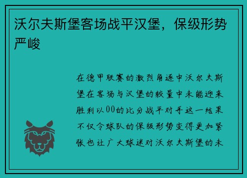 沃尔夫斯堡客场战平汉堡，保级形势严峻